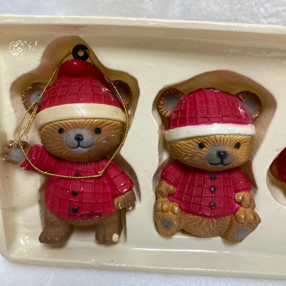 VTG Dept 56 Set of 4 Christmas Teddy Bear Hand Painted Ornaments Santa‎